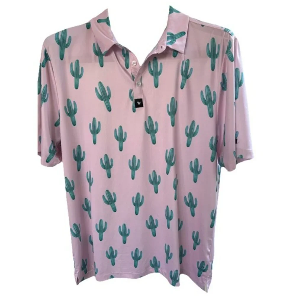 BAD BIRDIE XXL Desert Cactus Mens Polo Golf Pink Performance Golf Short Sleeve - Picture 2 of 8